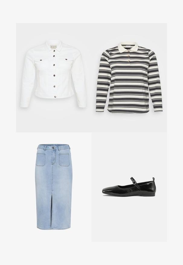 Hvid denimjakke med lange ærmer, knaplukning foran, to brystlommer og sølvfarvede knapper. Glat tekstur og cropped design.; Langærmet polo skjorte med et sort og hvidt stribet mønster, der har en kontrasterende hvid krave og tre dekorerende knapdetaljer.; Lys blå denim midi-nederdel med en forkortet slids, fem lommer og en tætsiddende talje med bæltestropper og knaplukning.; Sorte patentlæder flade sko med spidse tæer, en ankelrem med spænde og en glat, blank tekstur. Lav hæl for komfort.