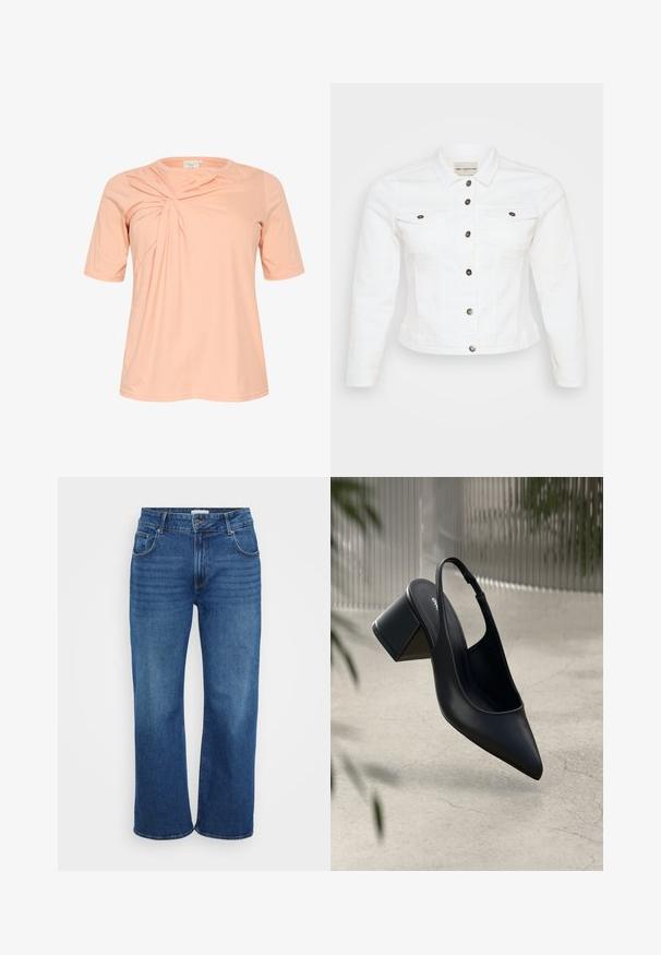 Veste en denim blanche à manches longues, devant à boutons, deux poches poitrine et boutons argentés. Texture lisse et design court.; T-shirt à manches courtes, couleur pêche clair, avec un détail de design torsadé à l'avant, fabriqué en tissu doux et léger avec un col rond.; Jean large en denim bleu foncé. Dispose de cinq poches, de passants de ceinture et d'un léger délavage le long des jambes. Texture lisse avec une coupe standard.; Escarpin noir en cuir avec un bout pointu et un talon bloc. Texture lisse, design minimaliste et bride de cheville réglable.