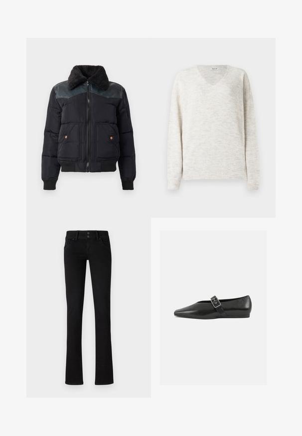 Doudoune noire avec un col en fausse fourrure. Comprend des accents en cuir sur les épaules, des poignets côtelés et deux poches avant avec des boutons en cuivre.; Pull en maille à col en V de couleur beige clair avec une finition douce et texturée. Il est doté de manches longues ainsi que de poignets et d'un ourlet côtelés pour une coupe ajustée.; Jeans slim-fit noirs avec deux poches avant, passants de ceinture et fermeture à double bouton, présentés sur un fond blanc uni.; Chaussure plate en cuir noir avec un orteil pointu, présentant une sangle à boucle métallique sur le cou-de-pied et une semelle basse et flexible.