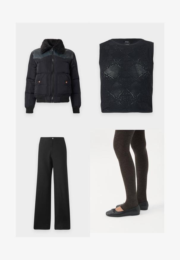 Chaqueta tipo puffers en negro con cuello de piel sintética. Presenta acentos de cuero en los hombros, puños acanalados y dos bolsillos frontales con botones de cobre.; Top negro sin mangas de punto con patrón de encaje floral y escote redondo, doblado plano sobre un fondo claro.; Pantalones de pierna ancha negros, hechos de una tela suave, con un cierre frontal de botón, líneas limpias y un diseño minimalista sin patrones.; Piernas con leggings oscuros acanalados combinados con bailarinas negras que presentan pequeños detalles de lazo sobre un fondo blanco.
