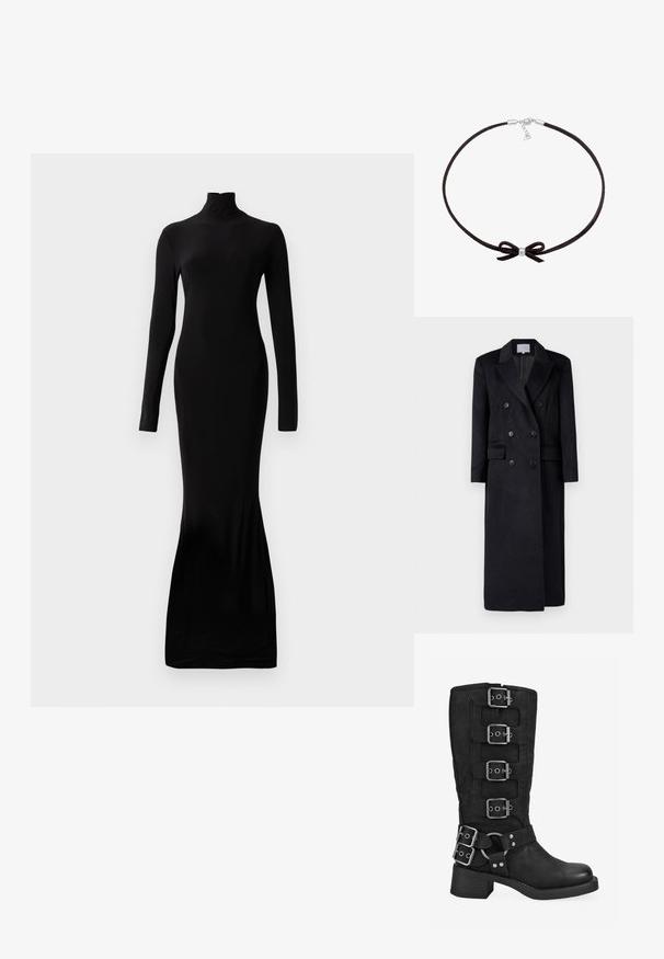 Abrigo de lana negro de doble botonadura con cuello con muesca, mangas largas y silueta recta. Cuenta con dos bolsillos frontales y detalles de botones.; Vestido negro de manga larga con cuello alto. Fabricado con una tela suave. Diseño ajustado que se extiende hasta un dobladillo acampanado en la parte inferior.; Bota negra hasta la mitad de la pantorrilla con cuatro hebillas plateadas en la caña, dos hebillas cerca del tobillo y un tacón bajo y cuadrado.; Choker de ante negro con un pequeño bead plateado central y un detalle de lazo, que cuenta con un cierre simple y una cadena ajustable.