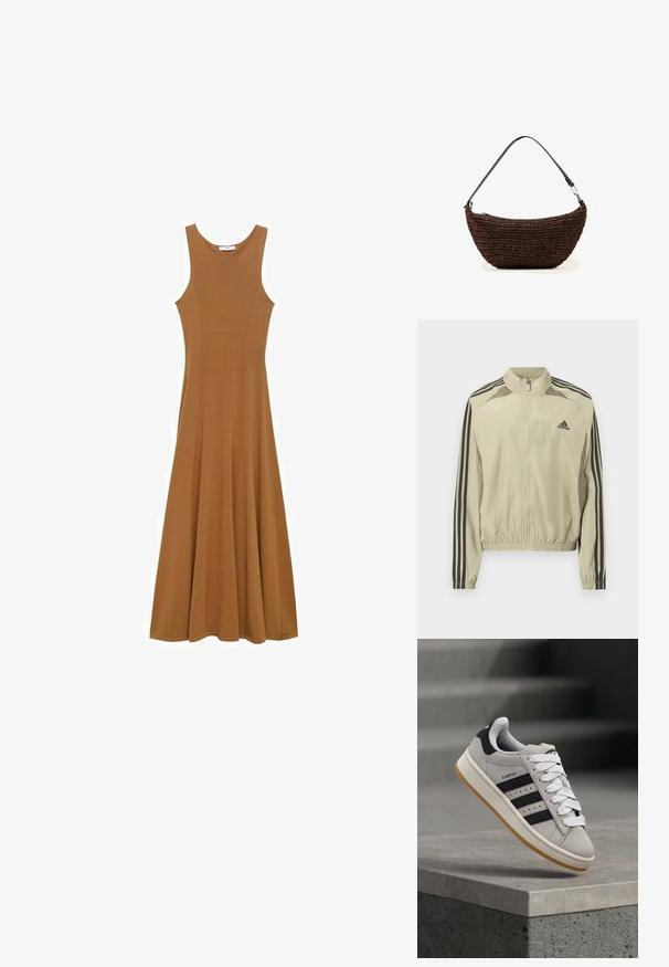 Veste beige à fermeture éclair avec col montant, rayures noires sur les manches et ourlet élastiqué froncé. Présente un logo Adidas sur la poitrine.; Robe longue sans manches marron en tissu doux, dotée d'un corsage ajusté et d'une jupe évasée. Design simple sans motifs ni accents visibles.; Baskets Adidas Campus grises avec des rayures noires et des lacets blancs flottant au-dessus d'un rebord en béton avec des escaliers en arrière-plan.; Sac à main brun tissé en forme de croissant avec une bandoulière noire réglable et un détail de fermeture métallique sur fond blanc.