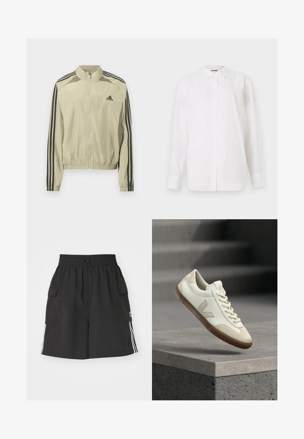 Beige lynlåsjakke med ståkrave, sorte striber på ærmerne og elastisk indsamlet kant. Har et Adidas-logo på brystet.; Hvid skjorte med knap-lukning lavet af glat stof. Har en klassisk krave, lange ærmer og en lige pasform uden synlige mønstre eller udsmykninger.; Sorte cargo shorts lavet af letvægtsmateriale, med elastisk talje, snor lukning, sidelommer og hvide sidelister.; Hvid og beige sneaker med gummisål, svævende over grå betonoverflade med slørede trapper i baggrunden.