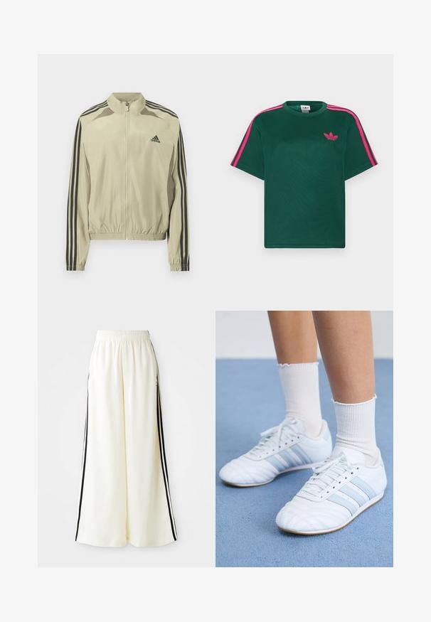 Béžová bunda na zips so stojatým golierom, čiernymi pruhmi na rukávoch a zošitým elastickým lemom. Na hrudi je logo Adidas.; Zelené tričko s krátkym rukávom s jasnoružovými pruhmi na ramenách a logom Adidas trefoil na hrudi.; Biele široké nohavice s elastickým pásom a čiernymi vertikálnymi pruhmi pozdĺž vonkajších švov.; Biele kožené športové topánky so svetlomodrými pruhmi, textúrovaným špičkou a bielymi ponožkami. Zobrazené na modrom koberci.
