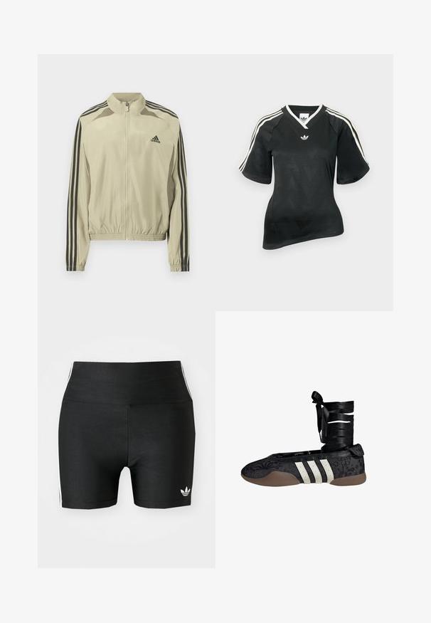 Beige lynlåsjakke med ståkrave, sorte striber på ærmerne og elastisk indsamlet kant. Har et Adidas-logo på brystet.; Sort atletisk skjorte med V-hals, korte ærmer og tekstureret chevronmønster. Har hvide tre-stribe accenter på skuldrene og logo.; Sorte atletiske shorts i en strækbar kvalitet med høj talje. Har hvide side-striber og et lille hvidt logo ved sømmen.; Sort ballettflat med blomsterprint, hvidt design med tre striber og en stofankelrem. Materialet har tekstur og en fleksibel brun sål.