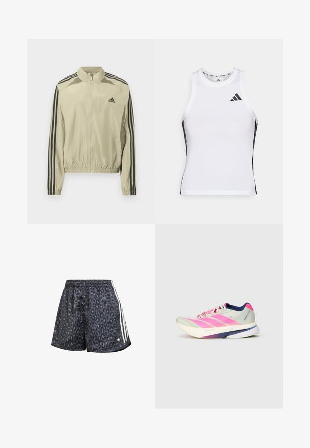 Béžová bunda na zips so stojatým golierom, čiernymi pruhmi na rukávoch a zošitým elastickým lemom. Na hrudi je logo Adidas.; Biely športový tielko s čiernymi bočnými akcentami a logom. Má výstrih v tvare lode a priliehavý strih, vyrobené z ľahkého, priedušného materiálu.; Čierne šortky so vzorom leopardom, elastickým pásom a tromi bielymi vertikálnymi pruhmi po stranách.; Bežecká obuv s ľahkým sieťovým zvrškom v svetlo zelenej farbe a ružovými pruhmi, fialovými akcentmi a hrubou bielou podrážkou označenou "LIGHTSTRIKE PRO."