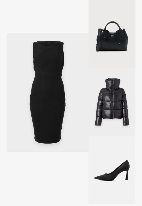 Must must jacket läikiva viimistlusega, kõrge krae ja lukuga. Omab suuri tikkimise sektsioone ja küljetaskuid.; Mustmust ruha, millel on voolav disain ja kokkuvõtvalt külgõmblus, mida kaunistab kuldse tooni detail.; Mustad terava ninaga kõrged kontsaga kingad, siledalt viimistletud ja peene kaardus kontsaga, heleda ühevärvilise tausta ees.; Mustast tekstureeritud nahast käekott topeltkäepidemete, eemaldatava õlarihma ja ees külge kinnitatud Guessi logoga.