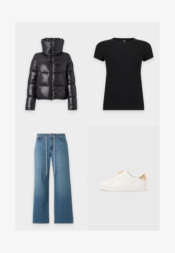 Doudoune noire avec une finition brillante, col haut et fermeture zippée. Présente de grandes sections matelassées et des poches latérales.; T-shirt pour femmes noir à manches courtes avec col rond et coupe ajustée, présenté sur un fond clair uni.; Jean bleu à jambes larges avec bouton sur le devant, fermeture éclair et cordon blanc à la taille, avec poches avant et arrière.; Baskets blanches à enfiler en cuir lisse, avec une fermeture éclair dorée et un accent près du talon avec une finition texturée et un logo embossé sur le côté.