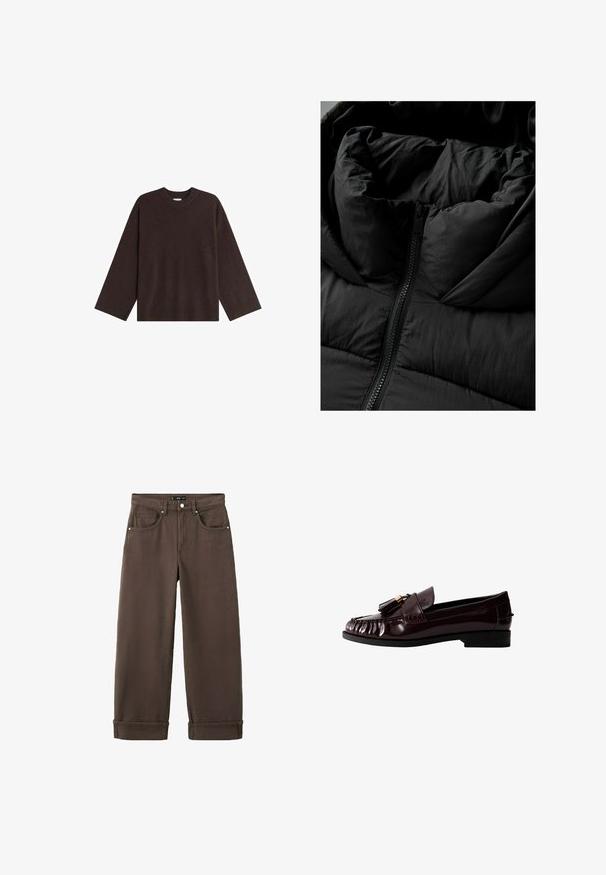 Sort isoleret jakke med høj krave og glat, mat tekstur; har en central lynlås og kviltet design for varme.; Brun strikket sweater med rund hals, drop shoulder-design og rib strik ved kanten og manchetterne, lavet af blødt stof og med en afslappet pasform.; Brune jeans med høj talje og lige ben, med forlommer, bæltestropper, knaplukning og opsmøgede kanter.; Bordeaux patentlæder loafers med en lav hæl, der har et plisseret design og frynser på vristen. Glat tekstur, klassisk form.