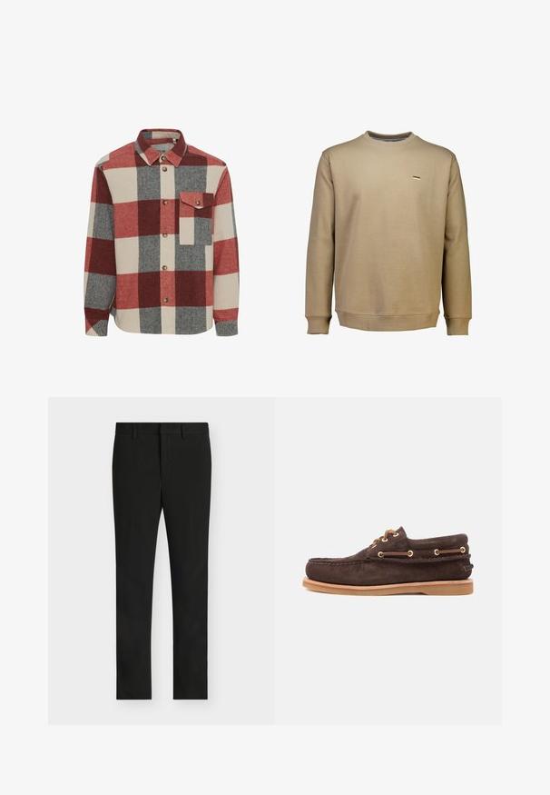 Rutet skjorte i rød, grå og beige nuancer. Har en knaplukning foran, krave og en enkelt brystlomme med en knaplukket flap. Blød stofstruktur.; Jack's Sportswear CREW NECK - Sweatshirt - stone; Sorte slim fit bukser med bæltestropper, foran lynlås og fladt frontparti, vist på en lys grå baggrund.; Brune ruskinds bådsko med læderlisser, guldfarvede øjer, syet moc toe og lysebrun gummisål på hvid baggrund.