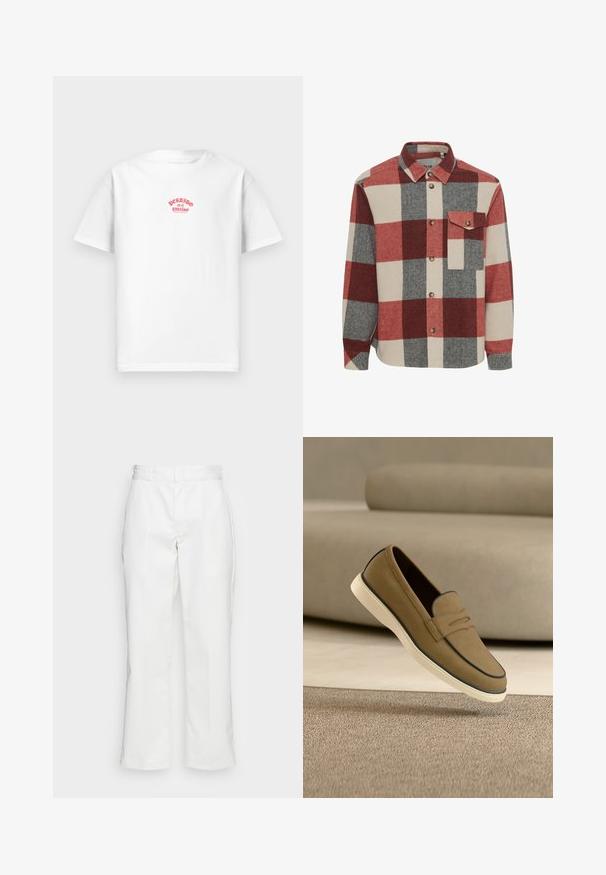 Kariertes Hemd in rot, grau und beigen Tönen. Mit Knopfverschluss vorne, Kragen und einer Brusttasche mit knopfgeschütztem Klappverschluss. Weich im Material.; Weißes Baumwoll-T-Shirt mit rotem Druckdesign, das "Perdido en el paraíso" über die Brust liest, mit kurzen Ärmeln und lockerer Passform.; Weiße Baumwollhosen mit geradem Bein, Gürtelschlaufen und Seitentaschen, mit einer glatten Textur und minimaler Ausgestaltung.; Hellbrauner Veloursleder-Loafer mit weißer Sohle, der über einem beigen Teppich schwebt, im verschwommenen Hintergrund ist ein Sofa in neutralen Tönen zu sehen.