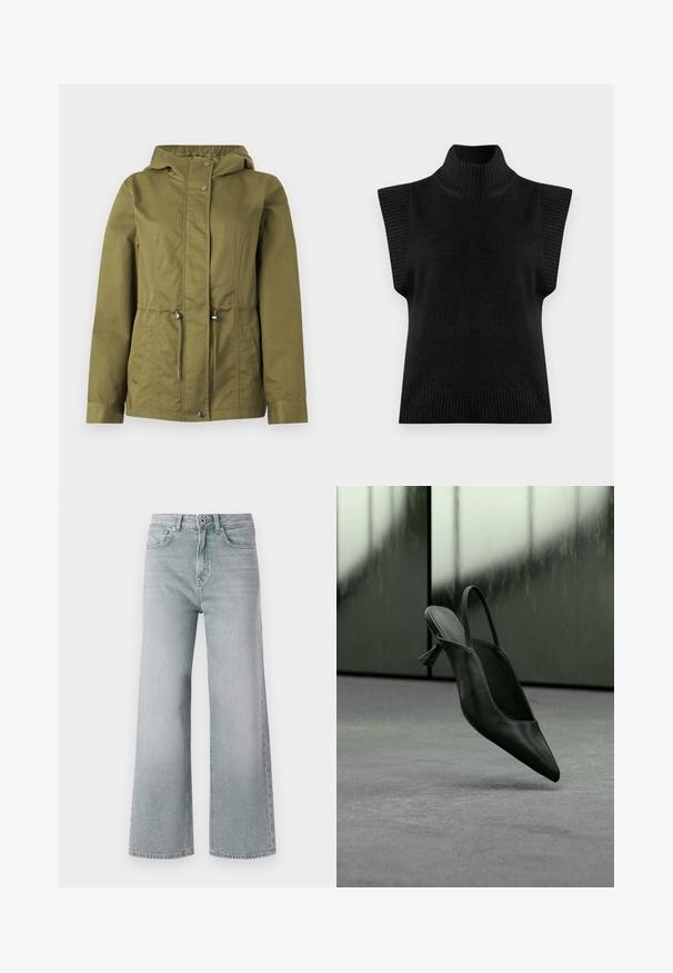 Chaqueta verde oliva con cintura ajustable con cordón, botones a presión y capucha; presenta una textura suave y costuras en los hombros para un ajuste ceñido.; Chaleco de punto negro sin mangas con cuello alto, ribete en las sisas y en el dobladillo, sobre un fondo liso.; Jeans de pierna ancha gris claro, hechos de mezclilla con un acabado desgastado. Presentan cinco bolsillos, pasadores para cinturón y un cierre con botón delantero.; Zapato de tacón alto con punta puntiaguda y talón destalonado de cuero negro flotando sobre un suelo alfombrado gris, fondo de pared verdosa borrosa.
