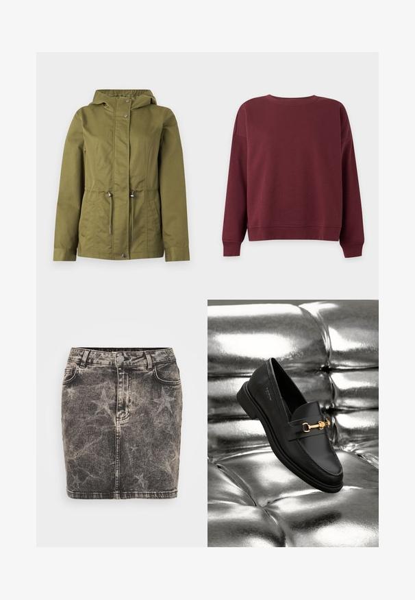 Olivengrøn jakke med snøre i taljen, trykknapper og hætte; har en glat tekstur og skuldersømme for et figursyet udseende.; Bordeaux-rød sweatshirt med lange ærmer og ribbet manchet og kant på en ensfarvet lys baggrund.; Sorte denim mini nederdel med falmet stjernemønster. Har høj talje, fem lommer og kontrasterende syninger. Klassisk knaplukning.; Sorte læder loafers med en guldfarvet hardware detalje. Skoen har et elegant design og en glat, skinnende overflade.