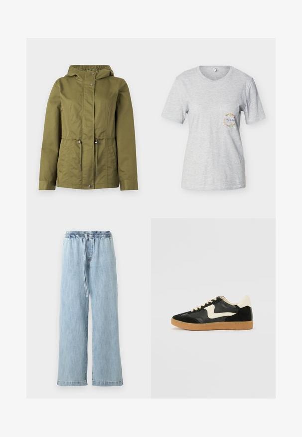 Veste vert olive avec une taille ajustable par cordon, des boutons-pression et une capuche ; présente une texture lisse et des coutures d'épaule pour une silhouette ajustée.; T-shirt gris clair à manches courtes avec une petite poche sur la poitrine ornée d'une couronne de fleurs et du texte « Hey darling » à l'intérieur.; Pantalon large en denim bleu clair avec taille élastique et cordon de serrage, poches avant et coupe décontractée.; Baskets en daim et cuir noir avec un swoosh latéral crème et un talon crème clair. Dotées de lacets beige et d'une semelle en caoutchouc gomme.