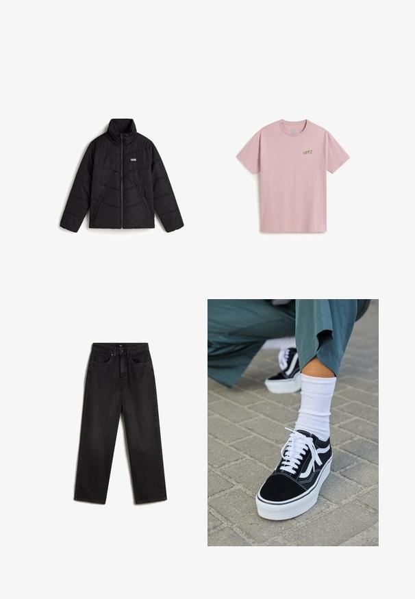 Zwarte pufferjack met hoge kraag, voorrits en Vans-logo. Voorzien van geborduurde panelen en zijzakken voor extra functionaliteit.; Lichtroze katoenen T-shirt met korte mouwen, een ronde hals en een klein groen "Vans"-logo op de linkerborst.; Vans SIRELLE 5 POCKET PUDDLE TROUSERS, - Straight leg jeans - black; Zwarte suède sneaker met witte accenten en veters, uitgerust met een dikke witte zool en contrasterende stiksels, gecombineerd met een witte sok.