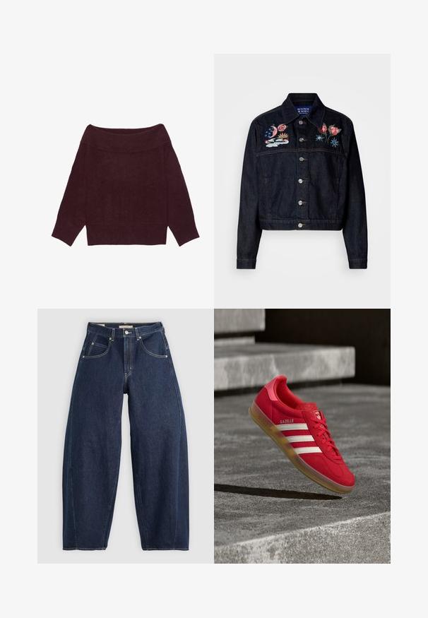Mørk denimjakke med broderede blomster- og himmeldesigns på brystet. Har krave, knaplukning front og cropped længde.; Off-shoulder langærmet sweater i mørk bordeauxstrik med ribbet krave, manchetter og kant.; Mørkeblå denim jeans med løs pasform, lyse syninger, fem lommer og en knaplukning ved taljen.; Rød ruskinds-sneaker med hvide striber, flad gummisål og tekstureret hæl. Har "Gazelle"-mærkning på siden og rundet tådesign.
