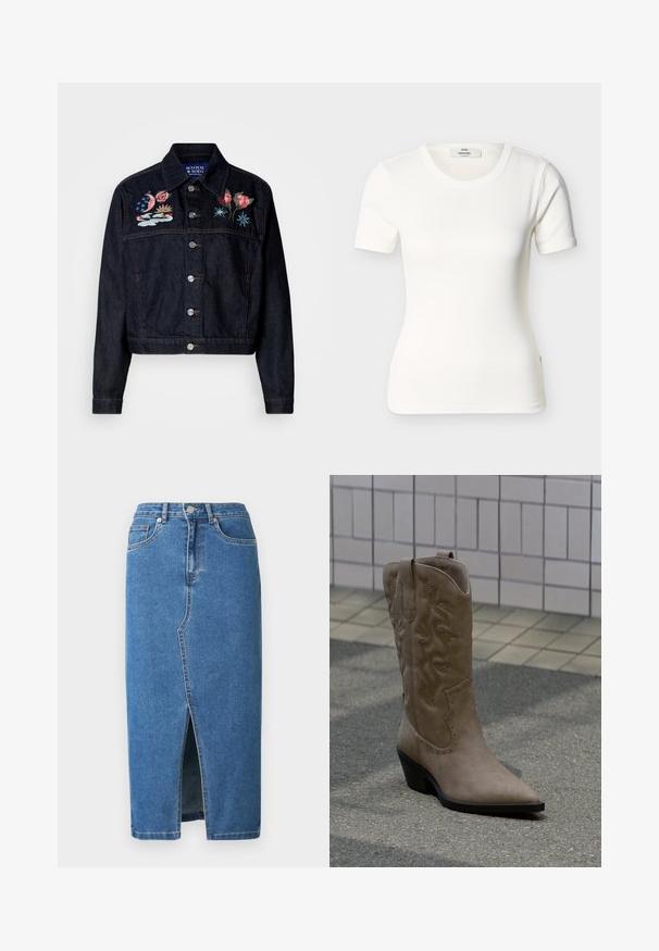 Veste en denim foncé avec des motifs floraux et célestes brodés sur la poitrine. Elle possède un col, un boutonnage à l'avant et une coupe courte.; T-shirt blanc à manches courtes ajustée avec col rond, design uni et étiquette de marque visible à l'intérieur du col.; Jupe midi en denim bleue. Elle présente une fente avant, une taille haute et un design à cinq poches. Coutures classiques et accents en métal.; Botte de cowboy haute en daim beige avec coutures décoratives et clous, dotée d'un bout pointu et d'un talon noir incliné sur le trottoir.