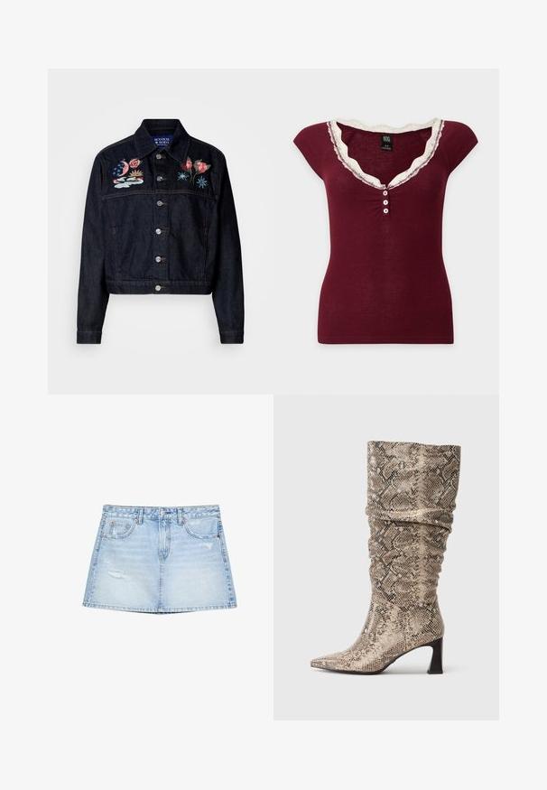 Dunkelblaue Jeansjacke mit bestickten Blumen- und Himmelsdesigns auf der Brust. Verfügt über einen Kragen, einen Knopfverschluss und eine verkürzte Länge.; Kurzärmeliges, bordeauxrotes Rippoberteil mit weißer Spitzeneinfassung am V-Ausschnitt und drei weißen Knöpfen vorne in der Mitte.; Helles, blaugraues Denim-Rock mit geradem Schnitt, Fronttaschen und distressed Details. Abgeschlossen mit einem Knopf- und Reißverschluss.; Tamaris Stiefel - beige snake