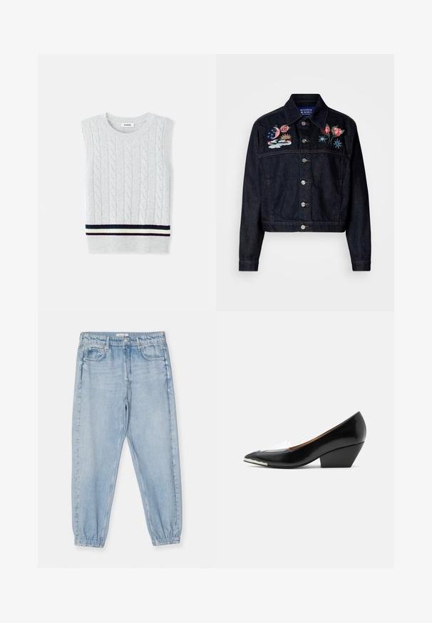 Donker spijkerjacket met geborduurde bloemen- en hemelse ontwerpen op de borst. Kenmerken zijn een kraag, knoopsluiting aan de voorkant en een cropped lengte.; Lichtgrijze mouwloze trui met een kabelpatroon en een gestreepte geribde zoom in marineblauw, groen en crèmewit. Zachte textuur.; Lichtblauwe denim broeken met een elastische tailleband, taps toelopende pijpen en voorzakken. De stof heeft een zachte, textuurrijke afwerking.; Zwarte damesschoen met lage hak, puntige neus, transparante band en witte detail aan de voorkant van de zool, zijaanzicht op witte achtergrond.
