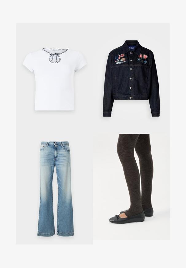 Veste en denim foncé avec des motifs floraux et célestes brodés sur la poitrine. Elle possède un col, un boutonnage à l'avant et une coupe courte.; T-shirt blanc à manches courtes avec un col rond et un détail de cordon noir et blanc en tissu à carreaux au niveau du col. Texture de tissu douce.; Jean évasé bleu clair en denim, avec une finition légèrement délavée, un design à cinq poches et une fermeture traditionnelle par bouton.; Jambes portant des leggings côtelés foncés associés à des ballerines noires avec de petits détails en nœud sur fond blanc.