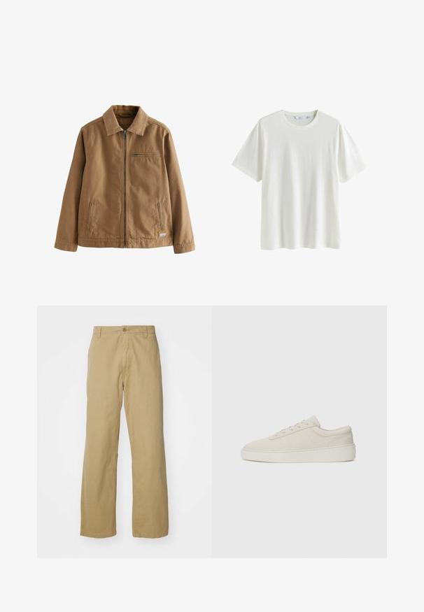 Brun zip-up jakke lavet af blandingsstof af bomuld. Har en kravehals, to sidelommer og en enkelt brystlomme.; Almindelig hvid T-shirt med korte ærmer og rund hals, vist på hvid baggrund, størrelse medium, med synlige tøjlabels indeni kraven.; Khaki bomuldsbukser med lige ben, der har en frontknaplukning og sidelommer. Glat, robust tekstur.; Beige sneakers med en glat ruskindsfinish, rund tå og flad gummisole. Har snørebåndslukning og minimalistisk design med diskret syning.