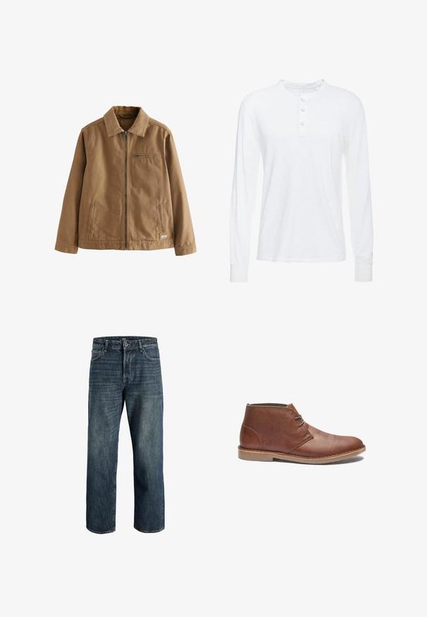 Chaqueta marrón con cremallera hecha de una mezcla de algodón. Presenta un cuello con solapa, dos bolsillos laterales y un bolsillo en el pecho.; Camisa henley de manga larga blanca en tejido ligero, con cuello redondo, tapeta de tres botones y puños ajustados.; Jeans de mezclilla en azul oscuro con un corte suelto, que cuentan con un diseño de cinco bolsillos, cierre de botón y cremallera, y detalles de costura visibles.; Botas de cuero marrón hasta el tobillo con un diseño elegante, que cuentan con un lace sencillo, punta redondeada y suela de goma. Textura suave con acentos cosidos.