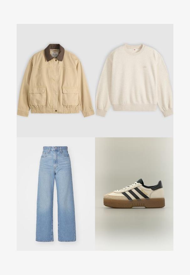 Veste décontractée beige avec col marron foncé, deux grandes poches avant à rabat, fermeture par boutons et fermeture éclair, et détail élastique à la taille.; Sweat-shirt beige à col rond, manches longues, poignets et ourlet côtelés, avec un petit logo sur la poitrine gauche.; Jean large taille haute bleu clair avec bouton et fermeture éclair à l'avant, poches avant et arrière, sur fond blanc.; Baskets blanches Adidas avec bandes noires, bout en daim beige, semelle marron et "SPEZIAL" en lettres dorées sur le côté.