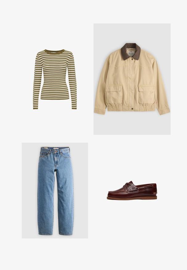Chaqueta casual beige con cuello marrón oscuro, dos grandes bolsillos delanteros con solapa, cierre de botones y cremallera, y detalle elástico en la cintura.; Suéter de manga larga a rayas en verde oliva y crema. Presenta un cuello redondo y una textura acanalada. Diseño ajustado.; Jeans de mezclilla azul claro con un diseño de pierna recta, cinco bolsillos, cremallera y una textura sutilmente desgastada. Estilo clásico con un hardware mínimo.; Zapato náutico de cuero marrón con cordones, detalles de costura y logo de Timberland en el lateral, mostrado sobre un fondo blanco.
