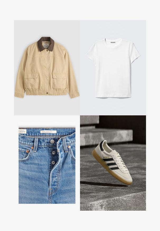 Chaqueta casual beige con cuello marrón oscuro, dos grandes bolsillos delanteros con solapa, cierre de botones y cremallera, y detalle elástico en la cintura.; Camiseta blanca lisa de manga corta y cuello redondo con una etiqueta "WEEKDAY" en el interior del cuello, mostrada sobre un fondo gris claro.; Jeans de mezclilla azul claro con corte recto a la altura del tobillo. Incluye cinco bolsillos, dos botones de metal y costuras naranjas visibles. Etiquetas presentes.; Zapatilla blanca Adidas Spezial con rayas negras y suela de goma flotando sobre escalones de piedra grises al aire libre.