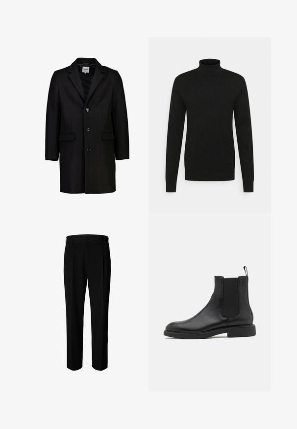 Abrigo de lana negro con solapa con muesca, cierre de botón y dos bolsillos frontales. Presenta un forro interior suave y una forma ajustada.; Jersey de cuello alto negro hecho de un material suave y elástico. Mangas largas, cuello y puños acanalados, y una silueta ajustada.; Pantalones formales negros con trabillas para cinturón, botón frontal y cierre de cremallera, mostrados sobre fondo blanco.; Botín de cuero negro con textura suave, paneles laterales elásticos y una lengüeta. Punta redonda y suela de goma plana con mínimo dibujo.