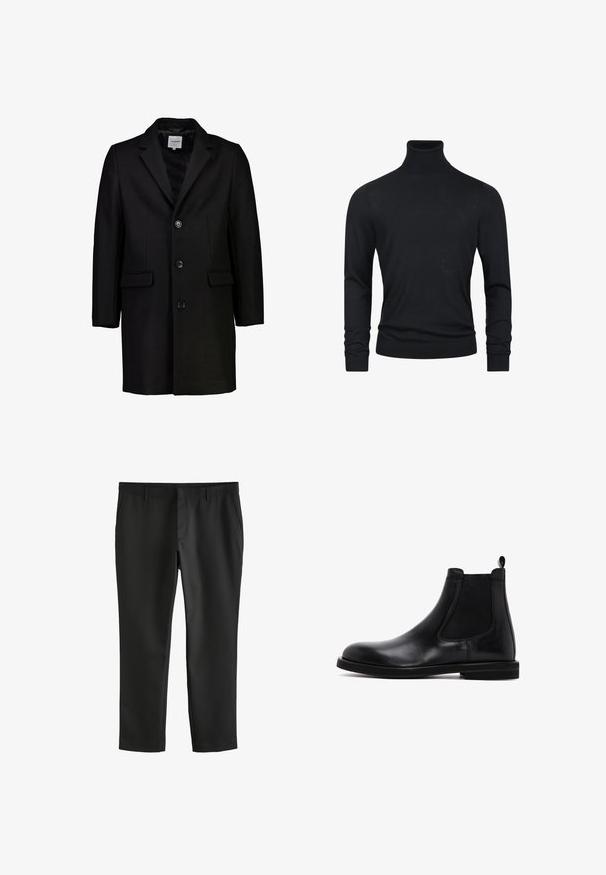 Manteau en laine noir avec un col cranté, fermeture à boutons et deux poches avant. Dispose d'une doublure intérieure lisse et d'une coupe ajustée.; Pull en col roulé noir à manches longues, fabriqué dans un tissu en tricot lisse, avec des poignets et un ourlet côtelés pour un aspect ajusté.; Pantalon noir droit sur mesure avec poches latérales et passants pour ceinture, conçu pour un usage formel ou au bureau.; Bottes Chelsea en cuir noir avec panneaux élastiques sur les côtés et une languette. Texture lisse, bout arrondi, semelle en caoutchouc plate.
