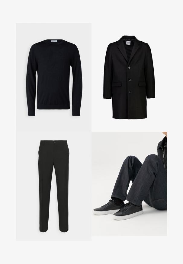Sort uldfrakke med spidse lapeller, knaplukning og to forlommer. Har en glat indvendig foring og en skræddersyet facon.; Sort langærmet rundhalset sweater med ribstrikkede ærmeafslutninger og kant, vist mod en hvid baggrund.; Sorte skræddersyede bukser med lige snit, der har en enkelt knaplukning og bæltestropper. Glat, mat stof uden mønstre.; Person siddende med bøjede ben, iført mørkeblå jeans og sorte lave sneakers med hvide såler på en hvid baggrund.