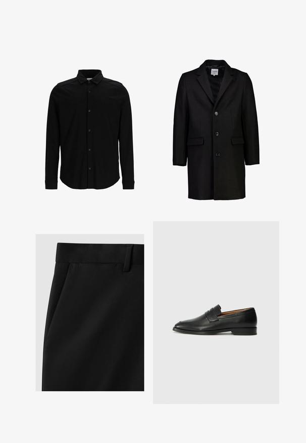 Schwarzer Wollmantel mit Reverskragen, Knopfverschluss und zwei vorderen Taschen. Verfügt über ein glattes Innenfutter und eine maßgeschneiderte Passform.; Schwarzes Langarmhemd aus glattem Stoff, mit einer durchgehenden Knopfleiste, Kragen und dezentem besticktem Logo auf der Brust.; Schwarze maßgeschneiderte Hosen mit glatter Textur, ausgestattet mit einem flachen Bund, seitlichen Taschen und einem geraden Bein.; Schwarze Leder-Slipper mit runder Zehenform, dezenten gestickten Details und niedrigem Absatz, ausgestattet mit glatter Textur und minimalistischem Design.