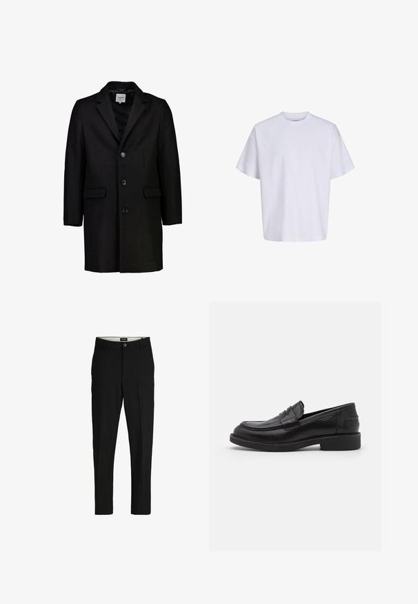 Schwarzer Wollmantel mit Reverskragen, Knopfverschluss und zwei vorderen Taschen. Verfügt über ein glattes Innenfutter und eine maßgeschneiderte Passform.; Schlichtes weißes oversized T-Shirt mit kurzen Ärmeln, Rundhalsausschnitt und lockerem Sitz vor weißem Hintergrund.; Schwarze Hosen aus glattem Stoff, mit maßgeschneidertem Design, geraden Beinen, zwei Fronttaschen und einem Knopfverschluss.; Schwarze Lederloafer mit abgerundetem Zeh, farblich abgestimmtem Nähen und einem Riemendetail an der Vorderseite. Gummi-Sohle mit niedrigem Absatz.