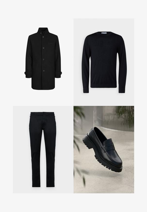 Sort uldblandingsfrakke med høj krave, knaplukning foran, to sidelommer og en brystlomme. Har manschetdetaljer ved ærmerne.; Sort langærmet rundhalset sweater med ribstrikkede ærmeafslutninger og kant, vist mod en hvid baggrund.; Sorte vævede bukser, slim-fit design, med standardlommer, foran knaplukning og kontrastsytråd. Glat tekstur, ingen mønstre.; Sorte læder loafers med en chunky sål, der har en dekorativ rem og syninger. Glat tekstur med en poleret overflade.