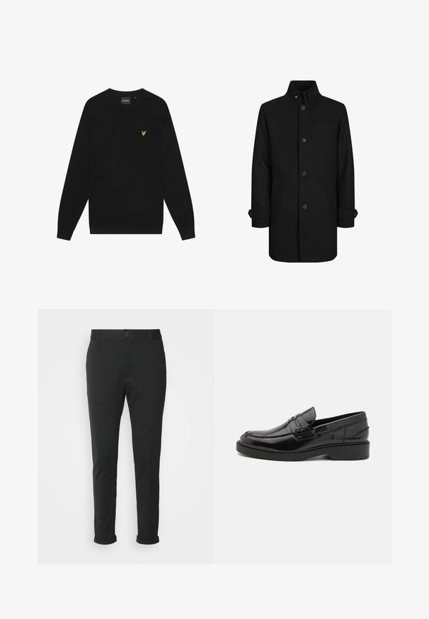 Zwarte wollen mix jas met hoge kraag, voorste knoopsluiting, twee zijzakken en één borstzak. Bevat manchetdetails aan de mouwen.; Zwarte katoenen sweatshirt met lange mouwen en een ronde hals. Voorzien van een klein geel adelaarslogo op de borst. Zachte textuur.; Zwarte broek van een zachte stof met een recht model. Voorzien van een enkele knoopsluiting en opgerolde mouwen.; Zwarte leren instappers met een gladde afwerking, ronde neus, lage hak en decoratieve stiksels aan de voorkant. Rubberen buitenzool voor grip.