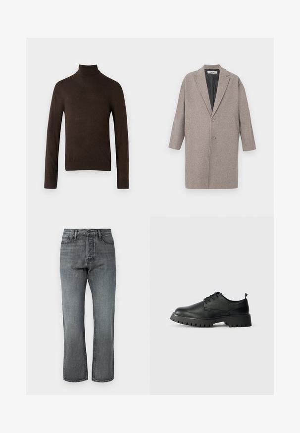 Grå uldfrakke med klippede revers, to forlommer, enkelt knaplukning og en glat inderside. Skræddersyet, oversized pasform.; Brun rullekravesweater med lange ærmer, lavet af et glat strikket stof. Har et tætsiddende design og ribbede manchetter og krave.; Grå denimjeans med lige ben, fem lommer og klassisk knaplukning, der har subtil fading og kontrastsyning.; Sorte læder snøresko med rund tå, tekstureret overflade og kraftig gummisål med dybe riller for bedre greb.