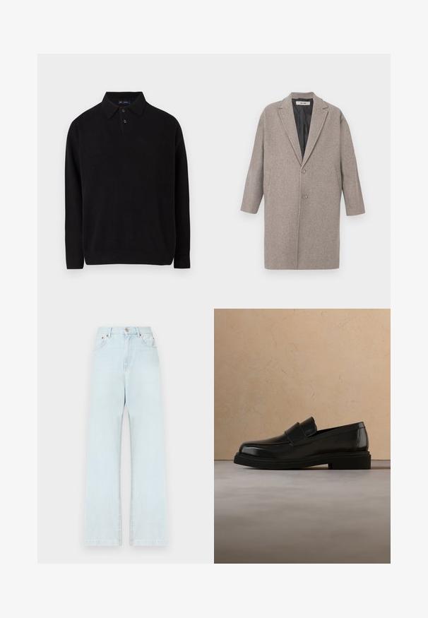 Manteau en laine grise avec un col cranté, deux poches avant, fermeture à un bouton et une doublure intérieure lisse. Coupe ajustée, oversize.; Pull noir avec un col, patte de boutonnage à trois boutons, poignets et ourlet côtelés, fabriqué en maille douce.; Jeans en denim bleu clair avec une silhouette à jambe droite, cinq poches, une fermeture à bouton et des détails de couture minimalistes.; Mocassin en cuir noir flottant au-dessus d'un tapis beige texturé, avec une table basse ronde en bois et des livres en arrière-plan.