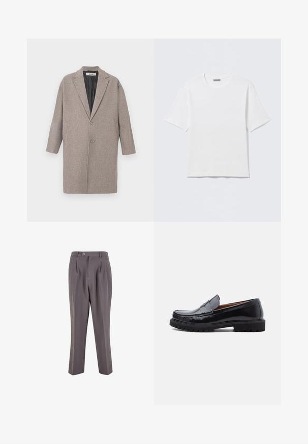 Grijze wollen jas met een geknipt kraag, twee voorzakken, een enkele knoopsluiting en een gladde binnenvoering. Op maat gemaakte, oversized pasvorm.; Effen witte T-shirt met korte mouwen en ronde hals, met een klein "WEEKDAY" label aan de binnenkant van de achterkraag, weergegeven op een vlakke ondergrond.; Grijze geplooide broek gemaakt van gladde stof, met een rechte pijpdesign, een enkele knoopsluiting en schuine zijzakken.; Zwarte leren penny loafer met chunky rubberen zool en moc-toe stiksel, in profiel weergegeven op een witte achtergrond.