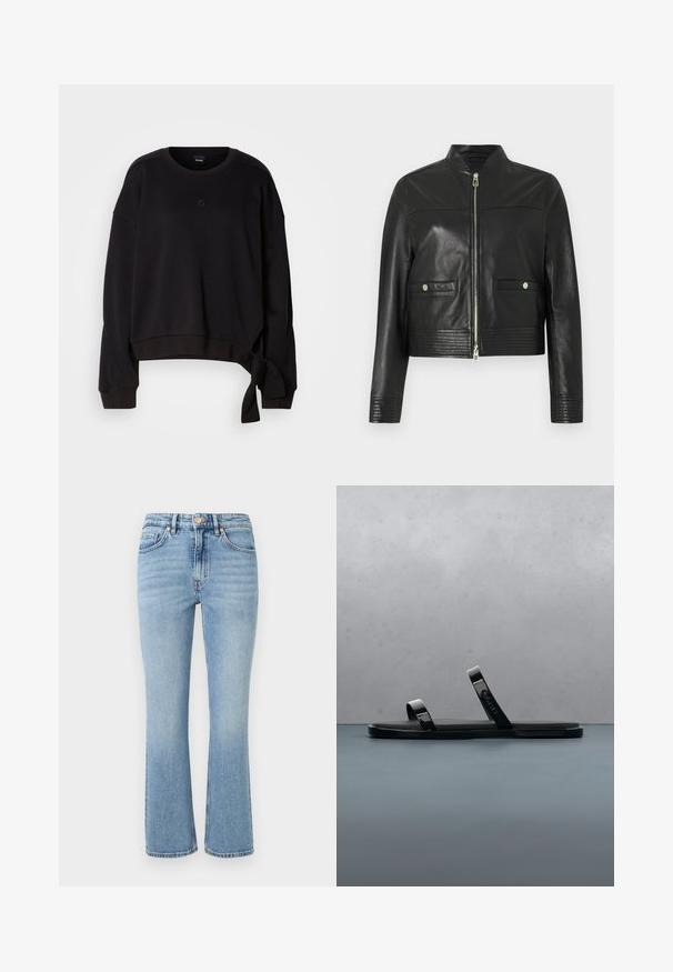 Veste aviateur en cuir noir avec fermeture éclair, détails côtelés à l'ourlet et aux poignets, et deux poches avant avec fermetures à pression.; Sweatshirt noir cropped en tissu doux avec un col rond, des manches longues et un détail de nouage sur le côté pour une touche de design. Logo subtil sur la poitrine.; Jean en denim bleu clair avec un design évasé, taille haute, cinq poches et quincaillerie dorée. Présente un délavé et des détails cousus.; Sandale à glissière noire avec deux brides brillantes sur une surface en bois texturé et gravier à l'extérieur, près de la verdure et d'un mur en béton.