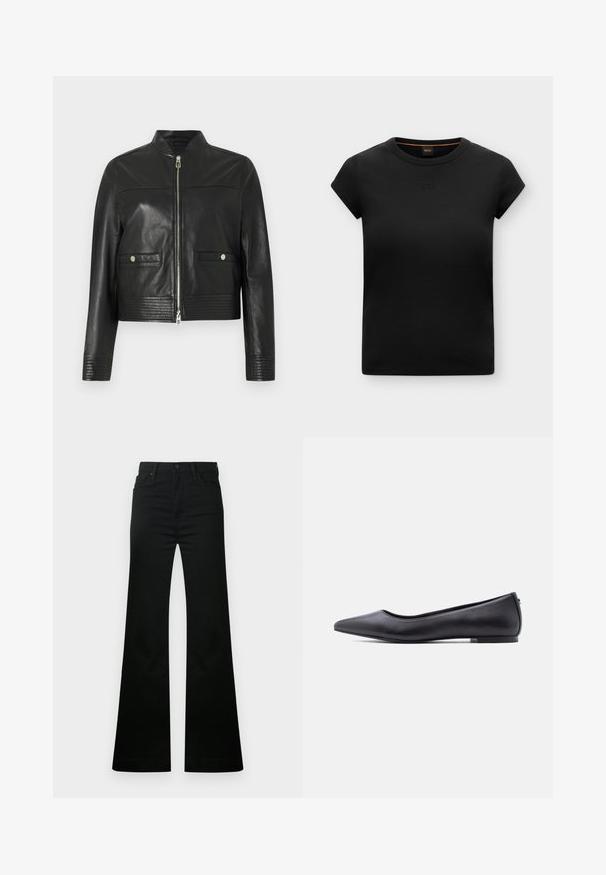 Veste aviateur en cuir noir avec fermeture éclair, détails côtelés à l'ourlet et aux poignets, et deux poches avant avec fermetures à pression.; T-shirt noir à manches courtes côtelé avec col rond et logo ton sur ton subtil brodé sur la poitrine.; Jean évasé noir en coton, doté d'une fermeture classique à bouton et zip, de poches avant, et d'une texture lisse et unie.; Chaussure plate en cuir noire à bout pointu avec petit talon, vue de profil sur fond blanc.