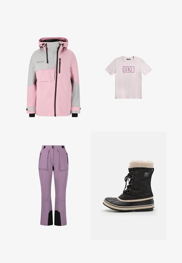 Pink og grå vandtæt jakke med en frontlomme, lynlåslomme på brystet, sorte detaljer og justerbar hætte og manchetter.; Lyserød T-shirt lavet af bomuld, med et stort lilla "SKI" grafik i en rektangulær ramme på fronten. Korte ærmer, rund hals.; Lavendelfarvede skibukser lavet af slidstærkt stof, med to frontlommer, sorte accenter på de nederste ben og en skræddersyet pasform med struktureret design.; Sort vandtæt støvle med krave af kunstpels, snørebånd foran, gummisål og en kontrasterende beige stribe langs sålen. Dekorative hardwaredetaljer.