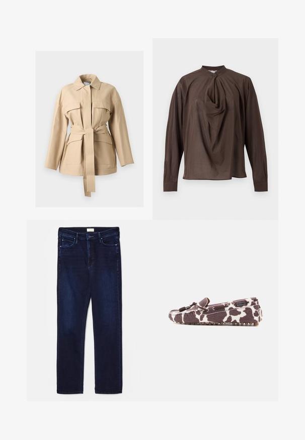 Beige Jacke mit Gürtel, langen Ärmeln, Kragen, zwei Brusttaschen und zwei aufgesetzten Taschen an der Hüfte, präsentiert vor einem schlichten hellen Hintergrund.; Braune Langarmbluse mit hohem Kragen, einem einzelnen Knopf vorne und drapiertem Stoffdetail in der Mitte vorne.; Dunkelblaue Denim-Jeans im Slim-Fit mit fünf Taschen, gesteppten Akzenten und geradem Bein. Mit Knopf- und Reißverschluss.; Mokassin-Loafer mit braunem und weißem Kuhmuster, Lederbändern und Gummisohle mit Noppen auf weißem Hintergrund.