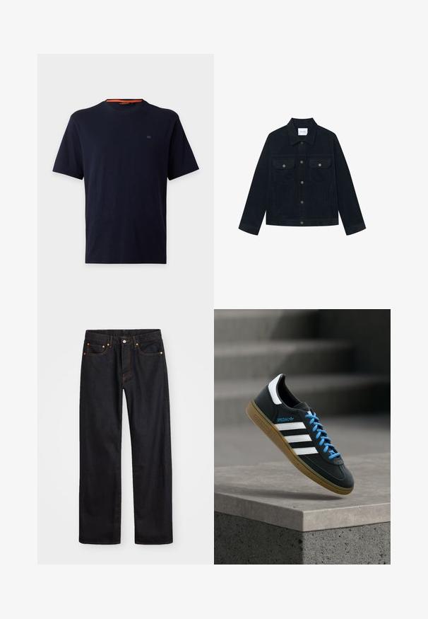 Chaqueta de pana en azul marino oscuro con un cuello puntiagudo, dos bolsillos en el pecho y botones automáticos metálicos. Corte recto con mangas largas y textura acanalada.; Camiseta lisa azul marino oscuro de manga corta con cuello redondo, con un pequeño logo bordado en el pecho izquierdo y detalle naranja en el interior del cuello.; Jeans de mezclilla negros de pierna recta para hombre, con cinco bolsillos y costuras en color naranja, cierre de botón y cremallera en la parte delantera de la cintura.; Zapatilla negra Adidas con franjas blancas, cordones azules y suela de goma flotando sobre un escalón de hormigón gris con luz suave.