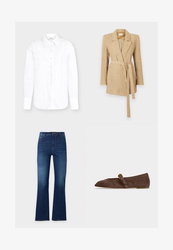 Blazer beige en lin pour femme avec col à revers, manches longues, poches passepoilées à l’avant et ceinture en tissu nouée à la taille.; Chemise blanche à manches longues avec col pointu et poignets boutonnés sur fond gris clair.; Jean en denim bleu foncé avec une taille haute, cinq poches, fermeture à boutons et jambes légèrement évasées.; Chaussure plate en daim marron avec bout pointu et bride à boucle dorée sur le côté, vue de profil sur fond blanc.