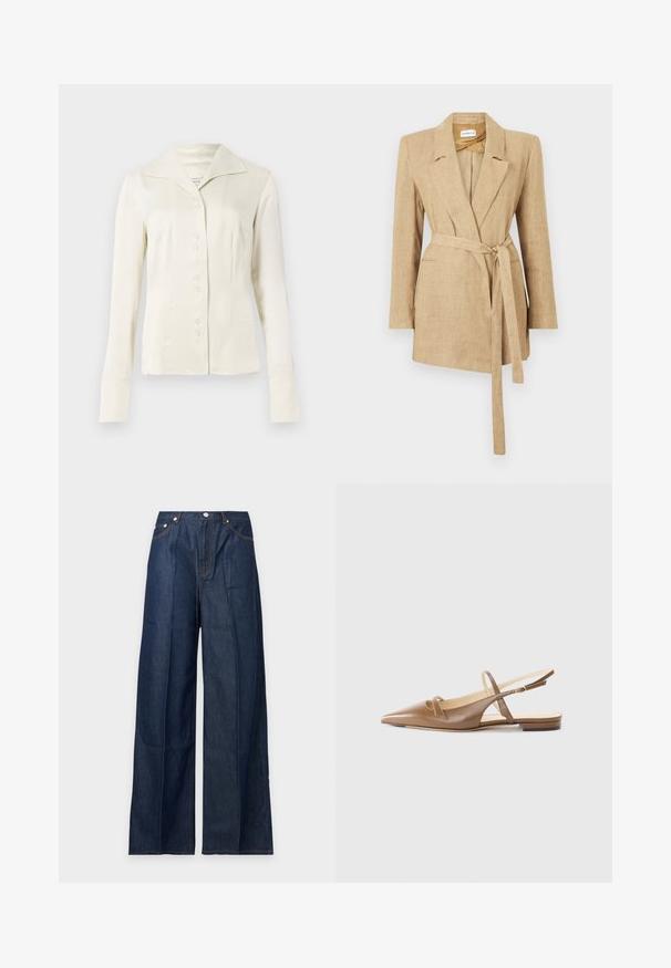 Beige hør dameblazer med reverskrave, lange ærmer, forlommer og et stofbælte bundet i taljen.; Off-white langærmet skjorte med knapper, bred krave og figursyet talje, præsenteret mod en plain lys baggrund.; Mørkeblå vidde cowboybukser med forlommer, bæltestropper og knaplukning, vist på en ensfarvet lys baggrund.; Brune lædersandaletter med spidse tæer, to smalle stropper og en lav hæl. Glat tekstur med en poleret finish.