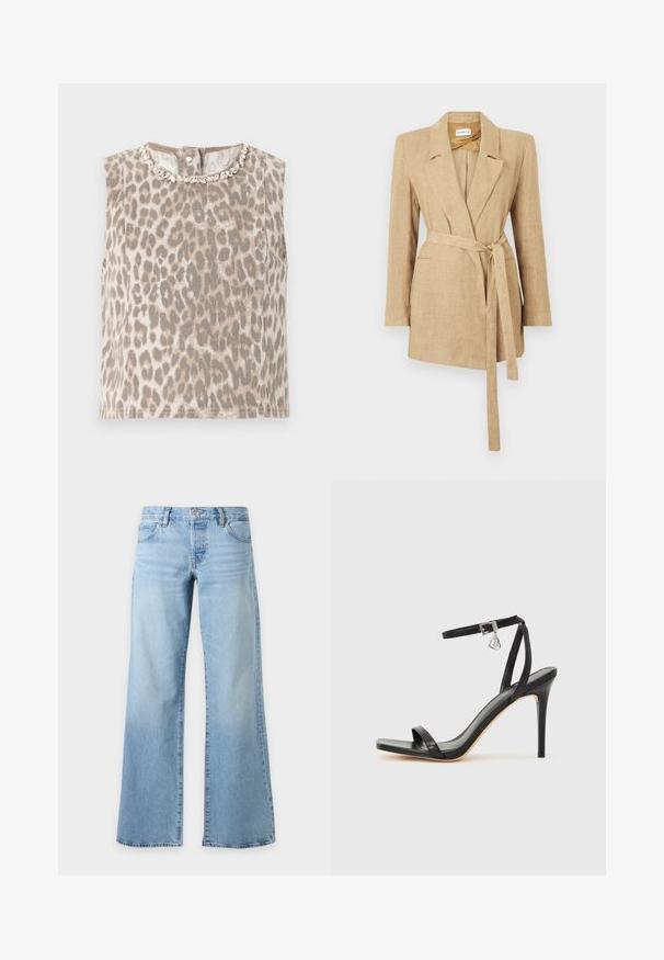 Blazer beige en lin pour femme avec col à revers, manches longues, poches passepoilées à l’avant et ceinture en tissu nouée à la taille.; Haut beige sans manches avec imprimé léopard gris, col rond orné d’embellissements argentés en forme de feuilles, et fermeture par boutons dans le dos.; Jean bleu clair taille haute à jambes larges, avec poches avant et passants pour ceinture, présenté à plat sur un fond blanc.; Sandale à talon haut noire avec une bride étroite à la cheville, bout carré, cuir lisse et accent de boucle métallique.