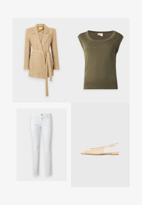 Blazer beige en lin pour femme avec col à revers, manches longues, poches passepoilées à l’avant et ceinture en tissu nouée à la taille.; Haut en coton vert olive sans manches avec un large col rond et un ourlet cousu, présenté à plat sur un fond clair.; Jean blanc slim avec fermeture à boutons et zip à l'avant, passants pour ceinture, poches avant et arrière, présenté sur un fond uni.; Chaussure plate slingback en beige clair avec une tige en maille, un bout pointu et un petit talon. Dotée d'une sangle ajustable pour un bon maintien.