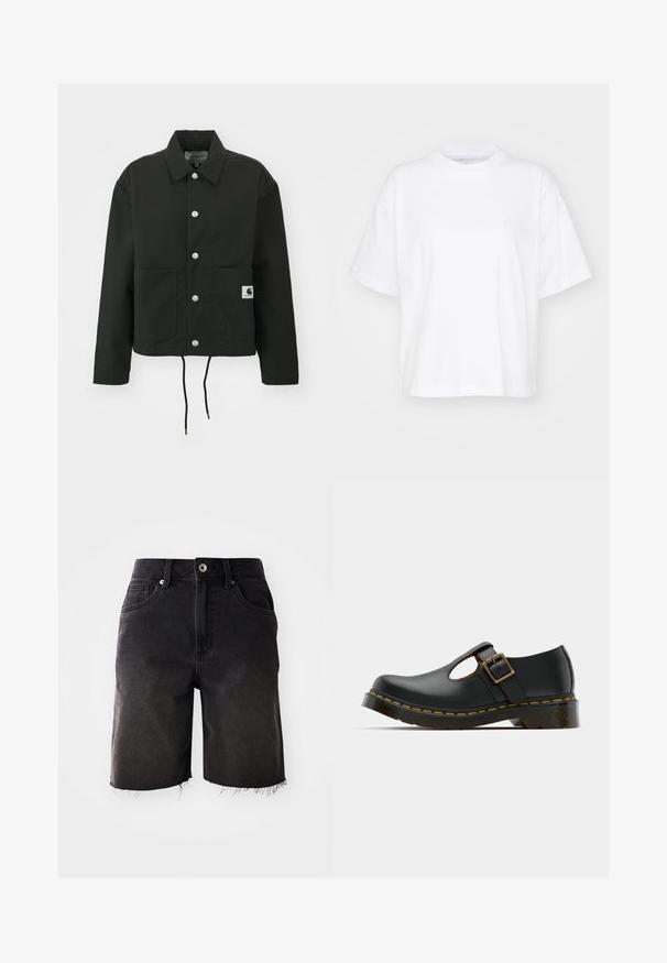 Sort cropped jakke lavet af slidstærkt stof. Har en klassisk krave, sølvfarvede trykknapper, to frontlommer og justerbar snoretræk i nederste kant.; Hvid bomulds t-shirt med rund hals, korte ærmer og en afslappet pasform. Har et diskret logo på venstre brystområde. Glat tekstur.; Sorte denimshorts med en falmet vask, frynset kant, klassisk fem-lommer design og enkelt knaplukning. Tykke syninger som accentuerer hele shortsene.; Sort lædersko med rund tå, ankelrem og spænde, lav hæl og gul syning langs sålen. Glat tekstur overalt.