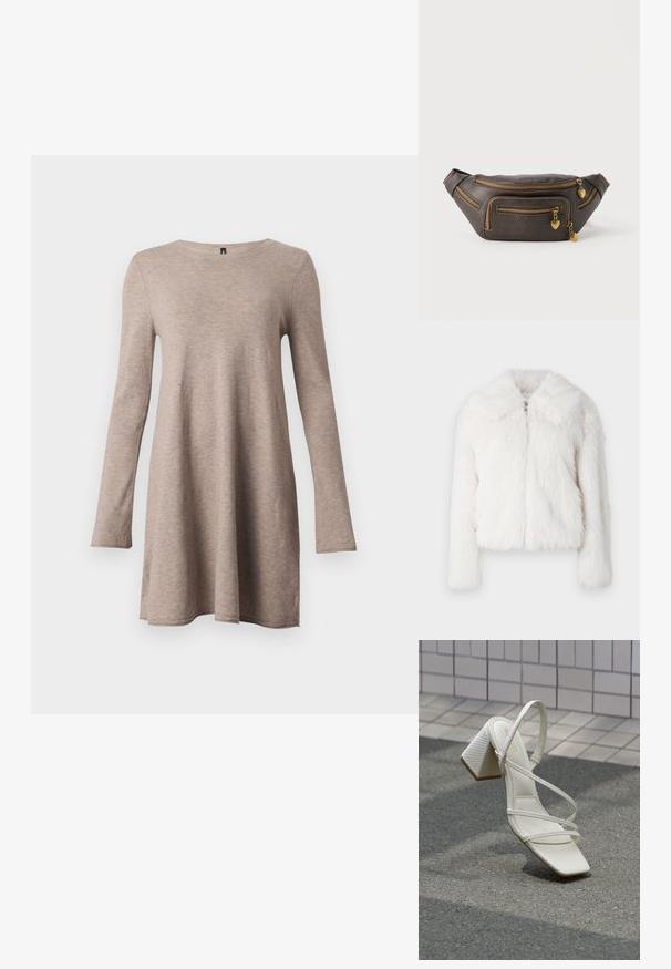 Hvid kunstpelsjakke med en blød, fluffy tekstur, cropped design og bred krave. Har en frontlynlås og lange ærmer.; Langærmet A-linje kjole i beige, lavet af blød stof med rund halsudskæring. Har en løs pasform og tapered ærmer.; Hvid sandal med blokhæle, krydsede remme, tekstureret overdel og spids tå. Blød indvendig polstring og en glat ydersål.; Mørkebrun læder bumbag med flere gyldne lynlåse, hver med en lille hjerteformet charm-vedhæng.